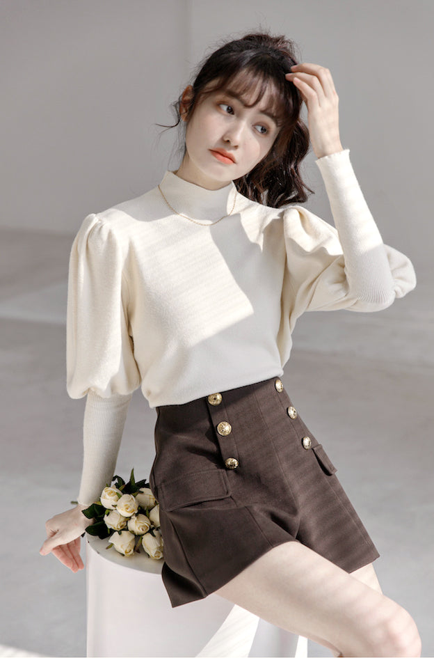 Puff Sleeve High Neck Sweater (Cream)