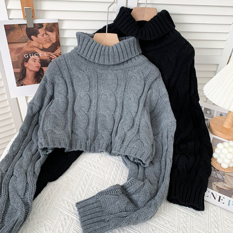 Turtleneck Cable Knit Cropped Sweater & Skirt Knit Set (4 Colors)