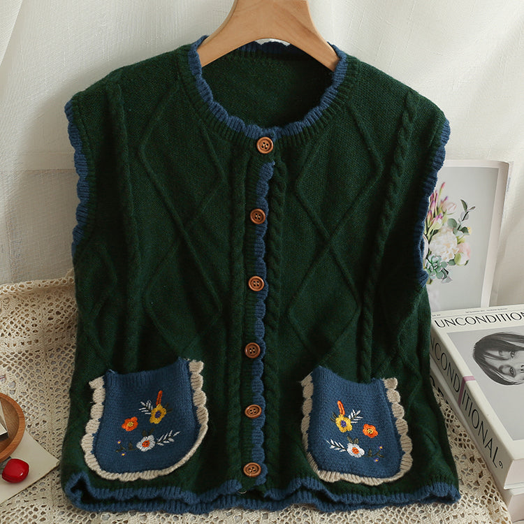 Embroidered Flower Pocket Vest (3 Colors)