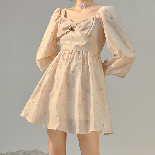 Puff Sleeve Bow Floral Jacquard Dress (Beige)