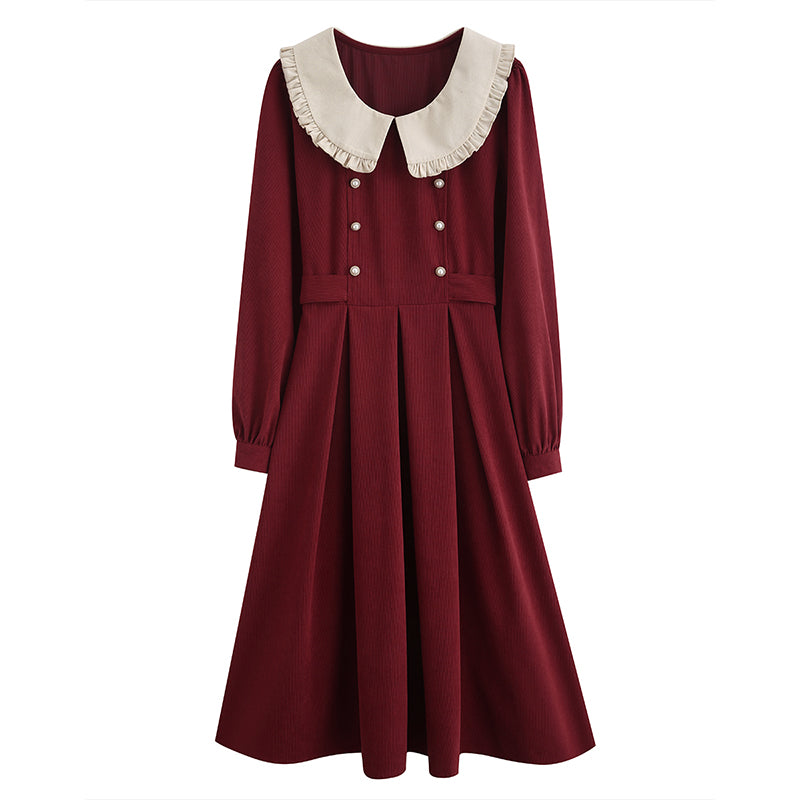 Corduroy Suede Peter Pan Midi Dress (3 Colors)