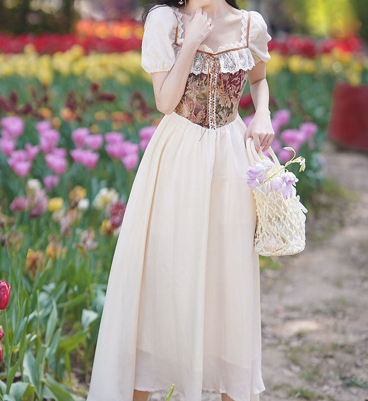 Rustic Floral Countryside Midi Dress (Cream)