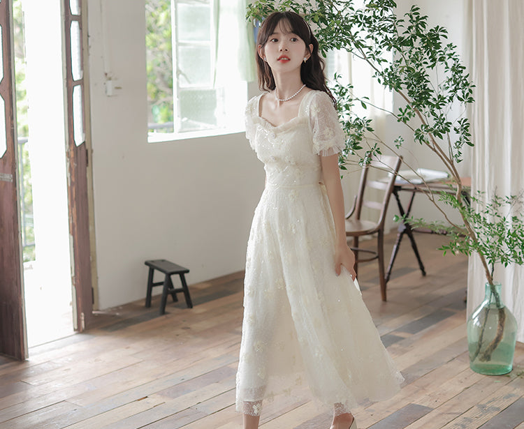 Delicate Flower Sequin Maxi Dress (White)