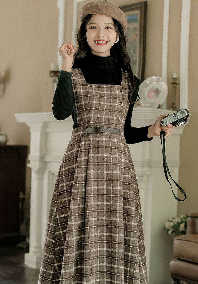 Cocoa Plaid Pinafore Midi Dress (Brown)