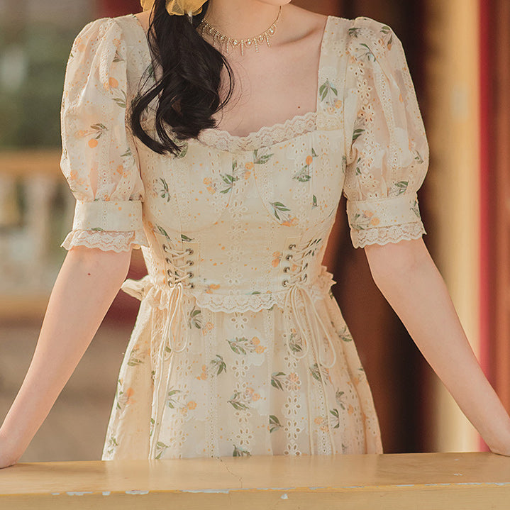 Flower Blossom Lace Up Midi Dress (2 Colors) Orange / S Flower Blossom Lace Up Midi Dress (2 Colors) Orange / S