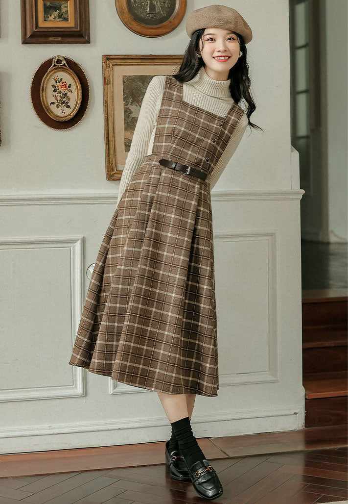 Cocoa Plaid Pinafore Midi Dress (Brown)