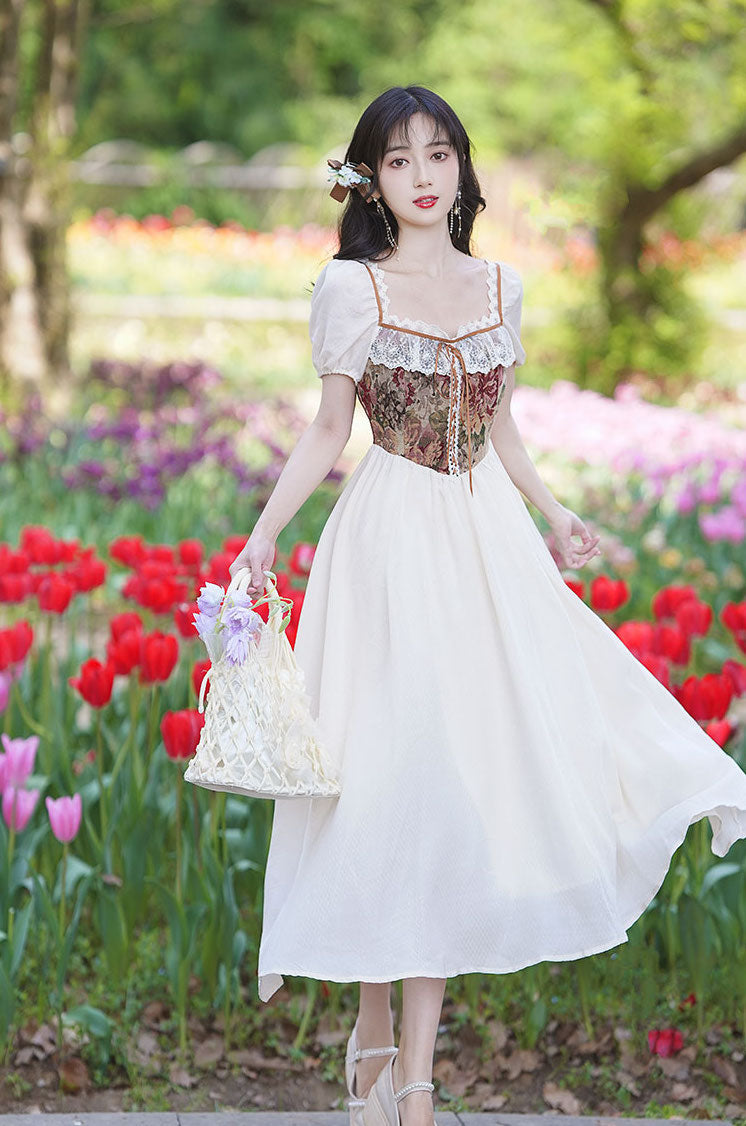 Rustic Floral Countryside Midi Dress (Cream)