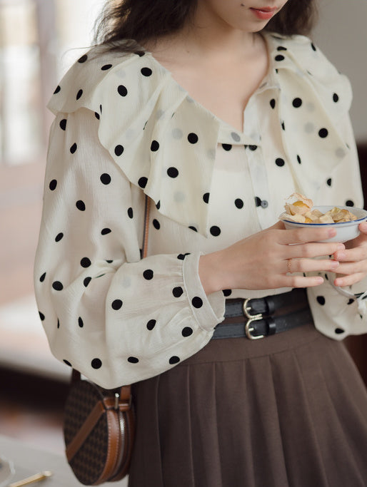 Polka Dot Ruffle Blouse (White)