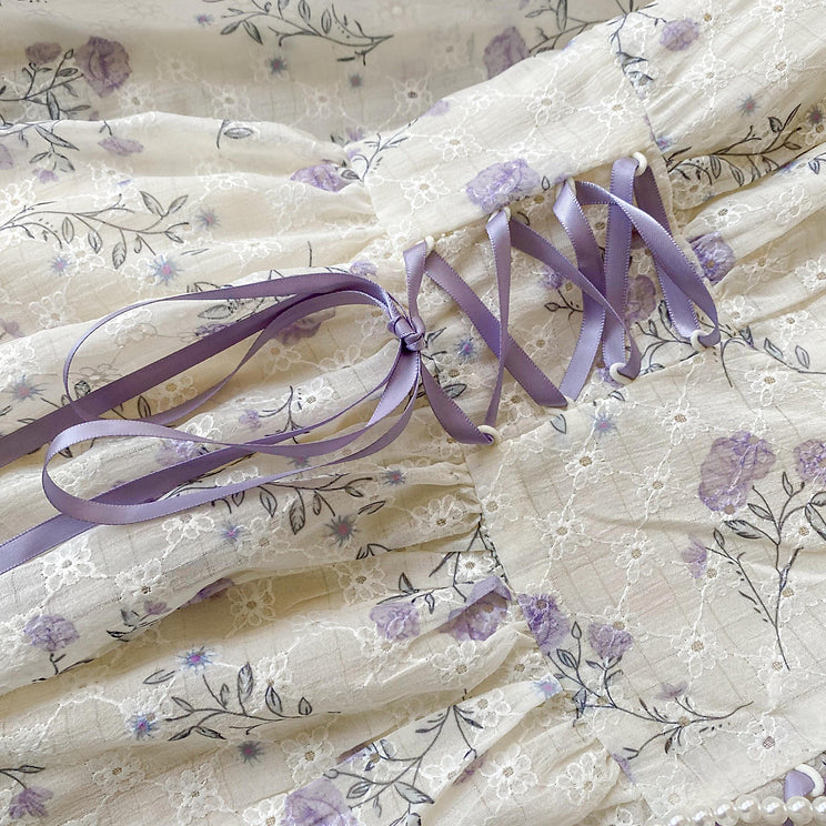 Dainty Rose Lace Up Dress (White/Purple)