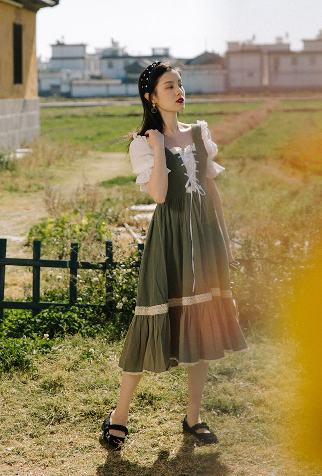 Country Maiden Lace Up Dress (Olive)