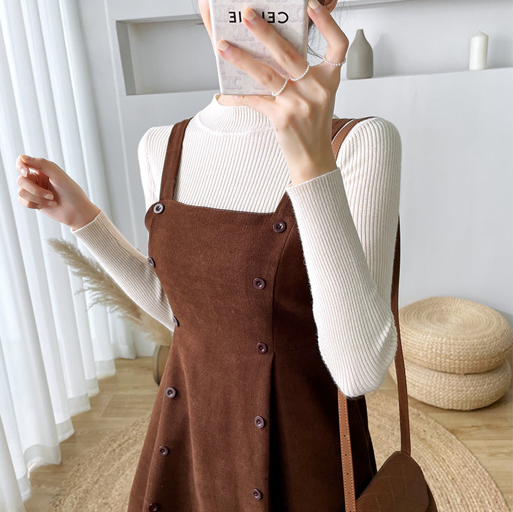 Corduroy Suede Double Button Cami Dress (2 Colors)