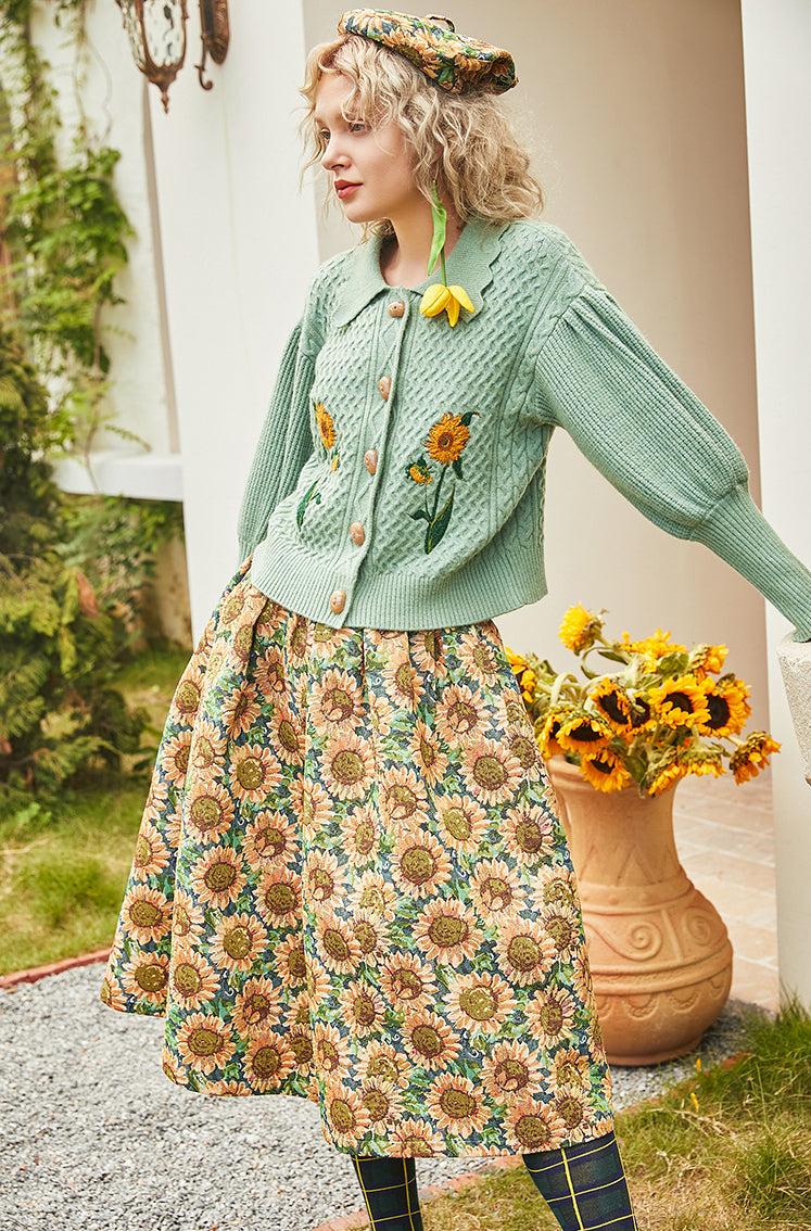 Sunflower Jacquard Midi Skirt (Blue/Yellow)