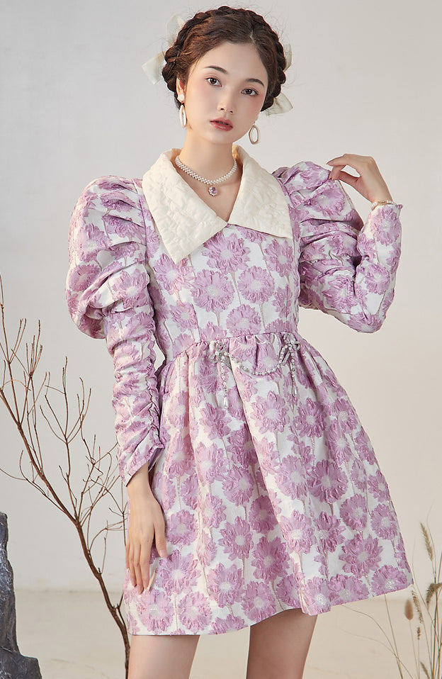 Puff Sleeve Daisy Jacquard Dress (Pink)