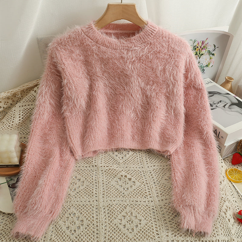 Pink fuzzy crop on sale sweater