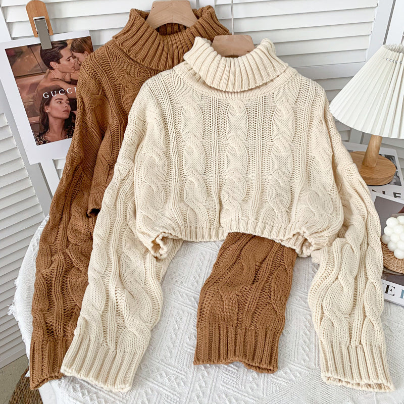 Turtleneck Cable Knit Cropped Sweater & Skirt Knit Set (4 Colors)