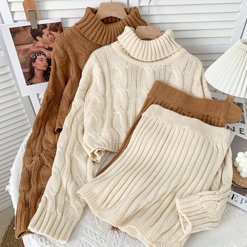 Turtleneck Cable Knit Cropped Sweater & Skirt Knit Set (4 Colors)