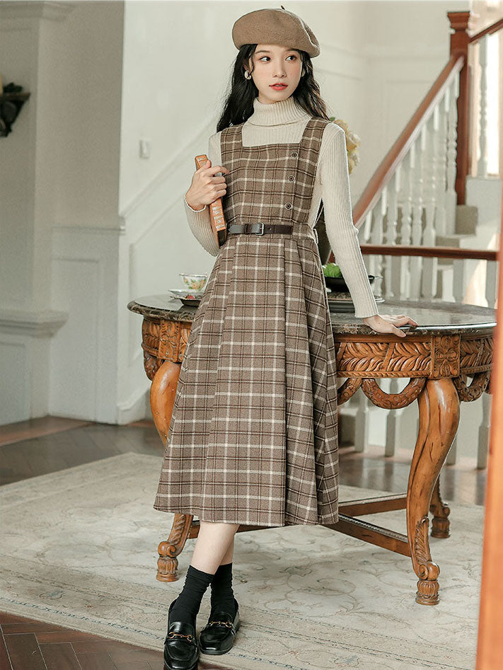 Cocoa Plaid Pinafore Midi Dress (Brown)