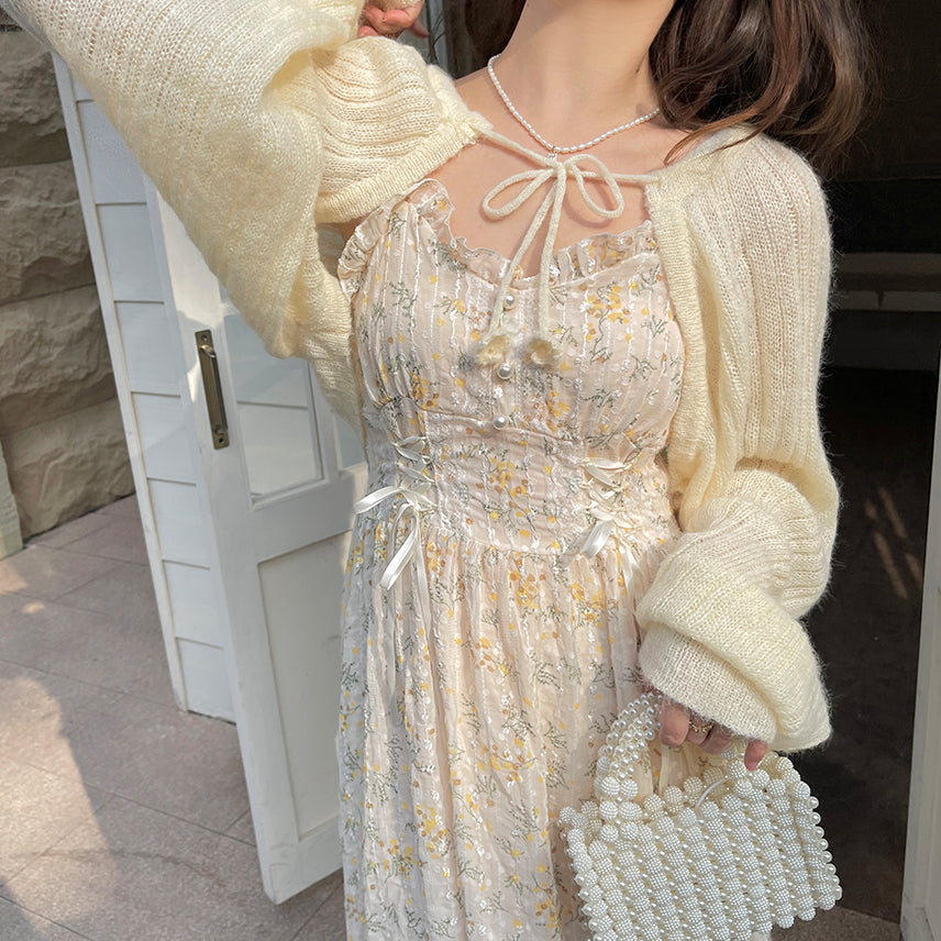 Ditsy Floral Lace Up Midi Dress (Cream/Yellow)