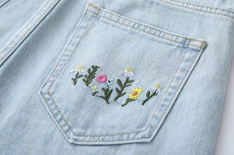 Summer Flowers Embroidered Shorts (Light Denim)