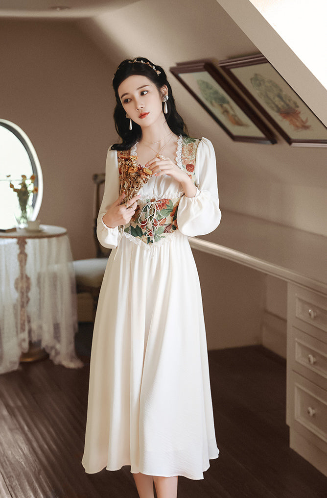 Floral Tapestry Jacquard Corset Dress (White)