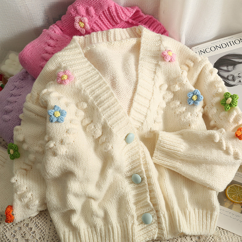 Pin-On Daisy Pom Pom Cardigan (3 Colors)