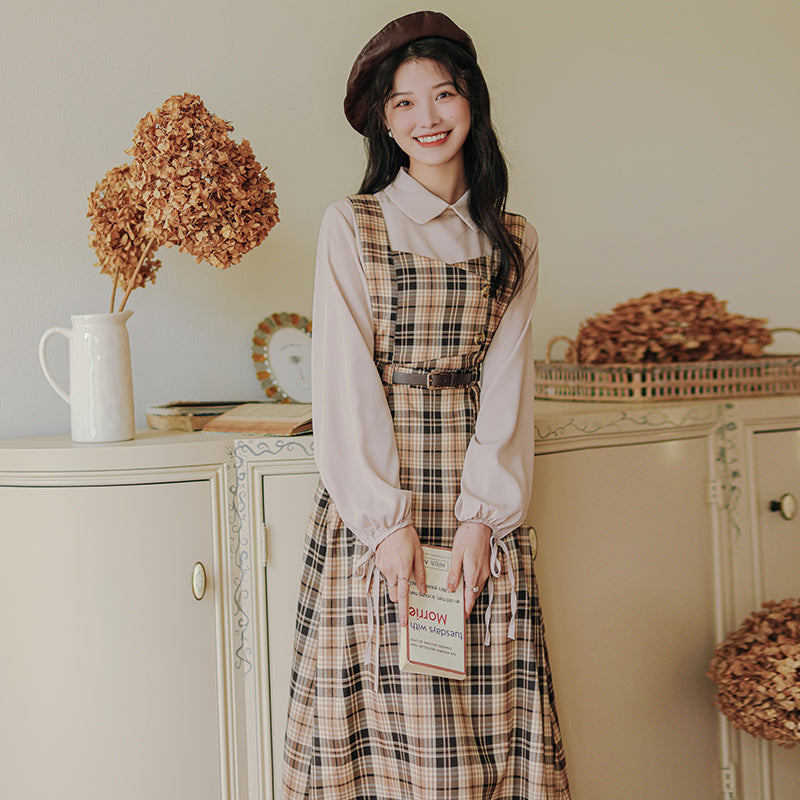 Honey Plaid Pinafore Dress (Khaki)