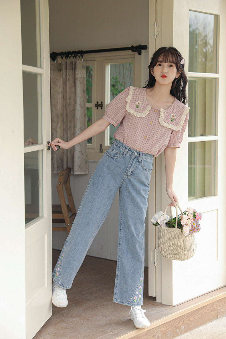 Cottage Flower Plaid Blouse (Pink)