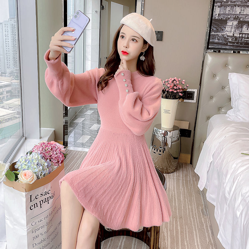 Fuzzy Puff Sleeve Sweater Dress (3 Colors)