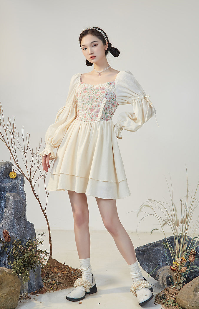 Florals In Bloom Ruffle Dress (Cream)