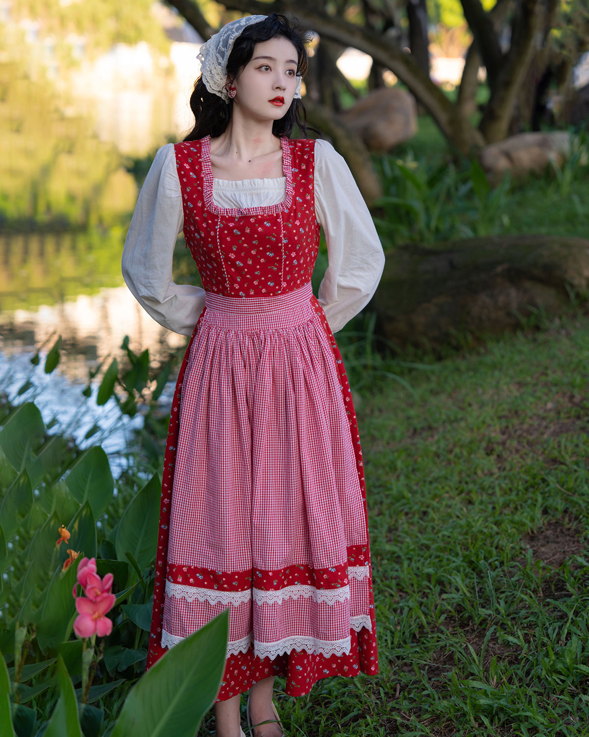 Floral Gingham Folk Dress (Red/White)