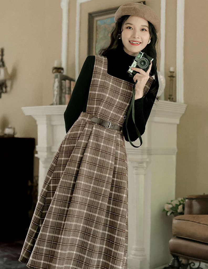 Cocoa Plaid Pinafore Midi Dress (Brown)