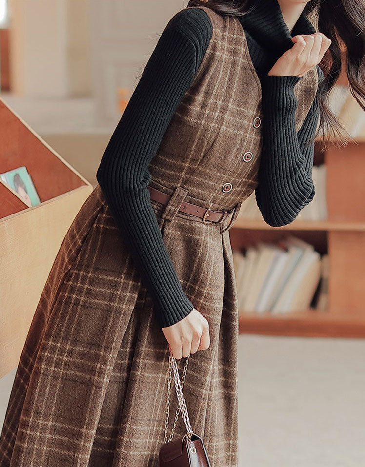 Coffee Plaid Midi Pinafore Dress (Brown)