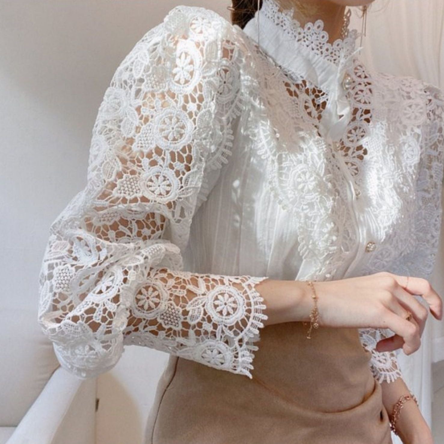 High neck lace outlet blouse white