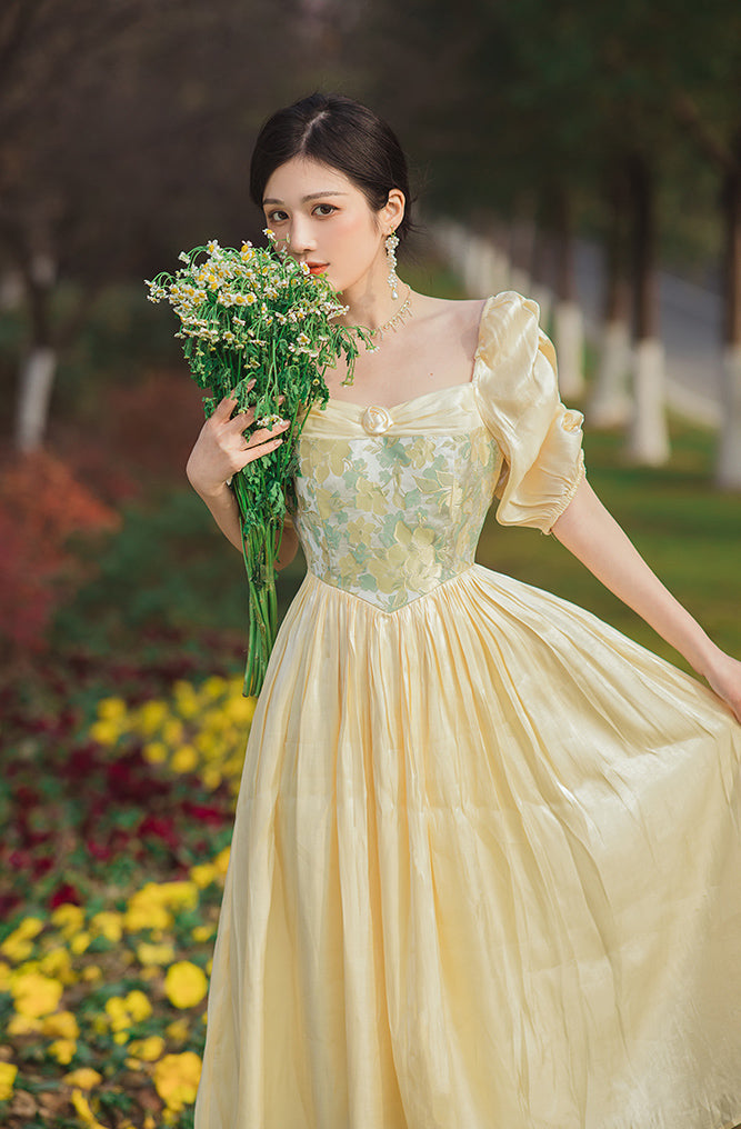 Belle Floral Puff Sleeve Dress (Yellow)