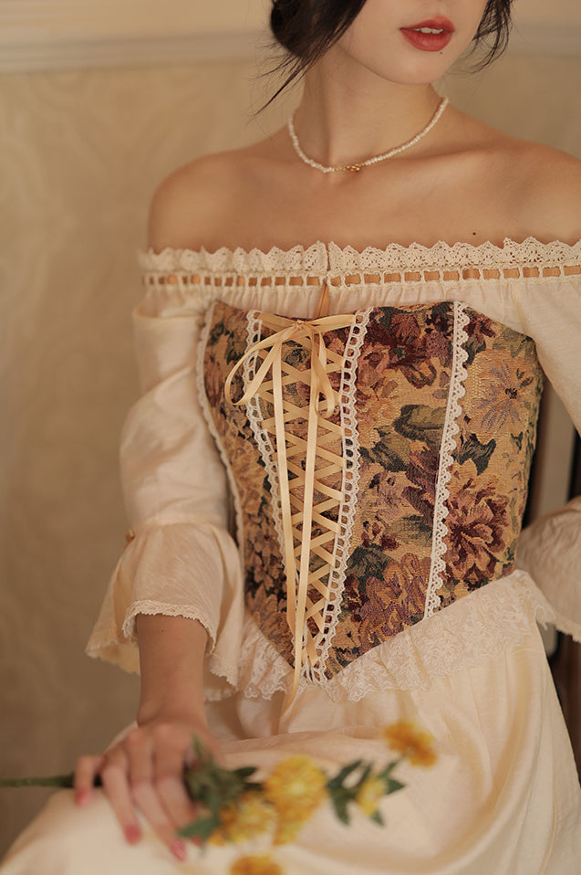 Rustic Floral Lace Up Corset (Beige)