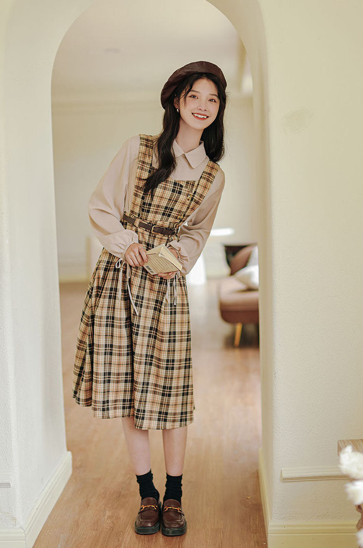 Honey Plaid Pinafore Dress (Khaki)