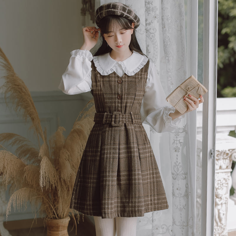 Coffee Plaid Pinafore Dress / Blouse (Brown)