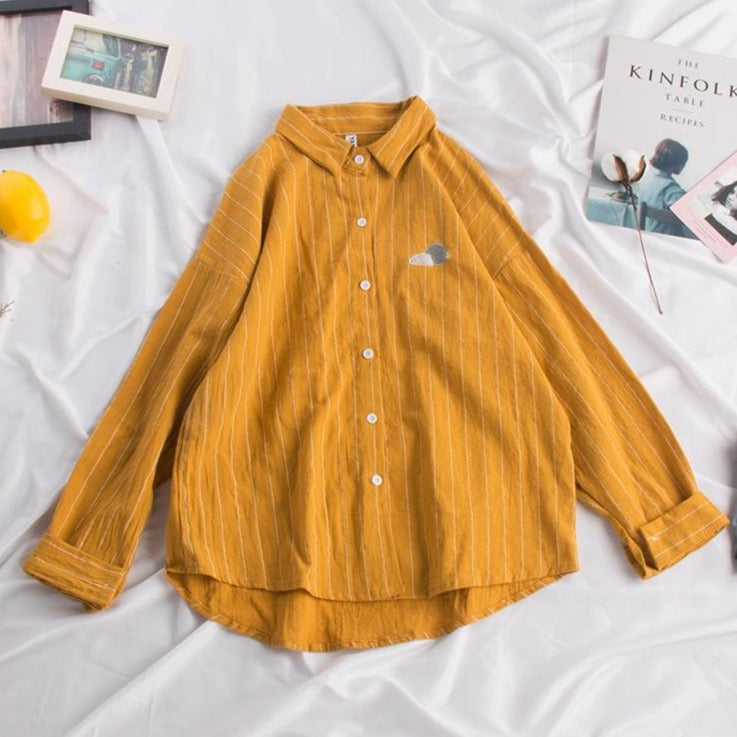 Embroidered Stripe Button Up Shirt (4 Colors)
