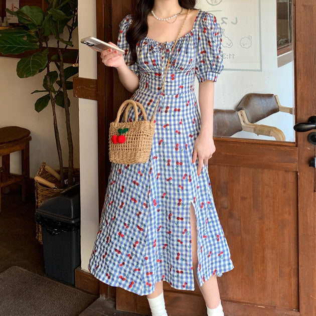 Cherry Gingham Midi Dress (Blue)