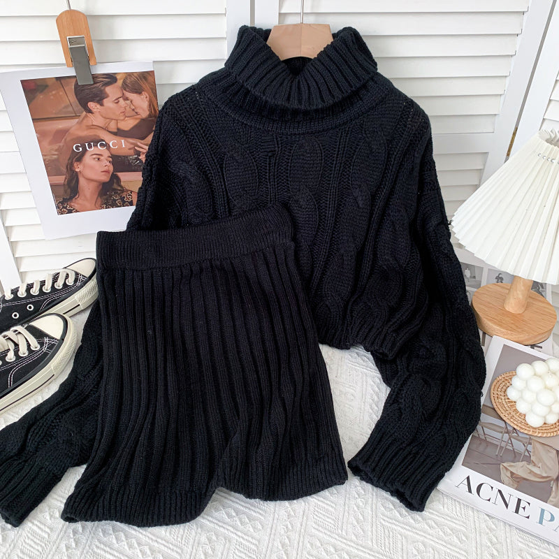 Turtleneck Cable Knit Cropped Sweater & Skirt Knit Set (4 Colors)