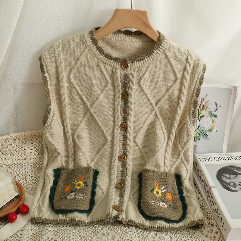 Embroidered Flower Pocket Vest (3 Colors)