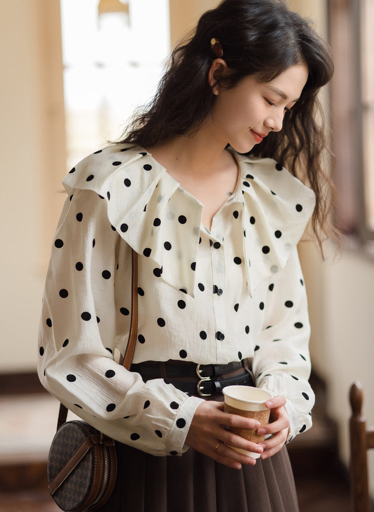 Polka Dot Ruffle Blouse (White)