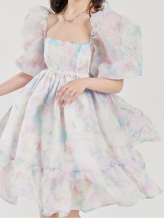 Watercolor Floral Puff Dress (Blue/Pink)