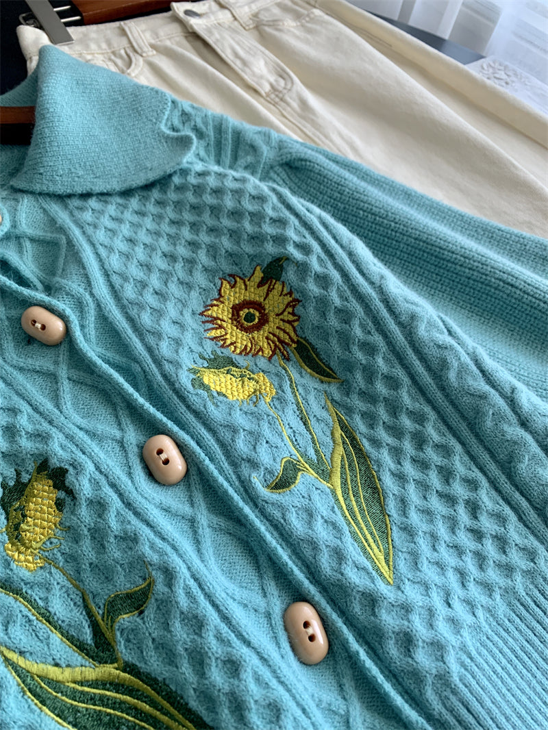 Sunflower Collared Cardigan (Turquoise)