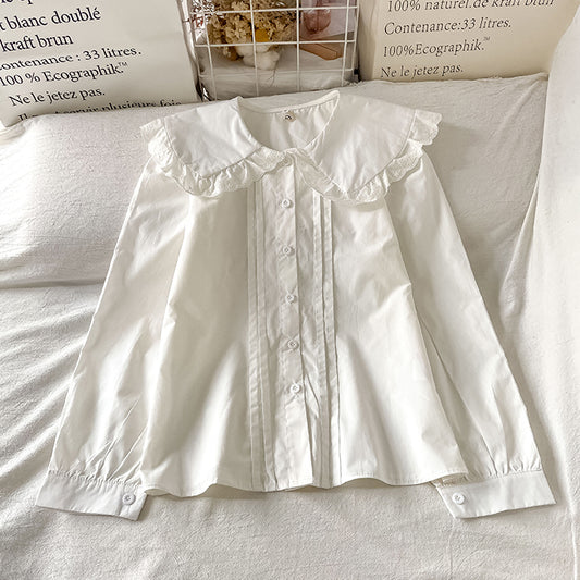 Pleated Peter Pan Collar Button Up Shirt (White)