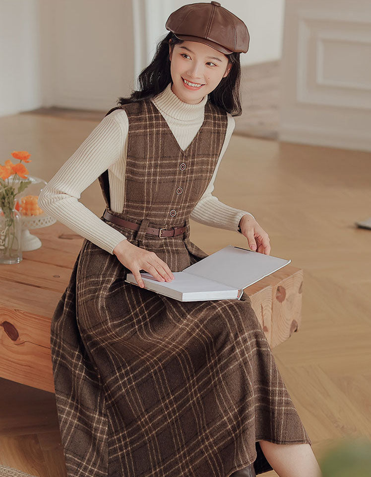 Coffee Plaid Midi Pinafore Dress (Brown)