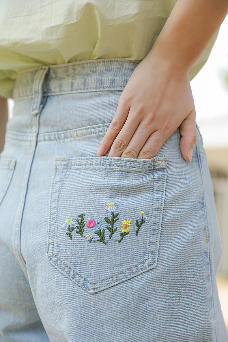 Summer Flowers Embroidered Shorts Light Denim