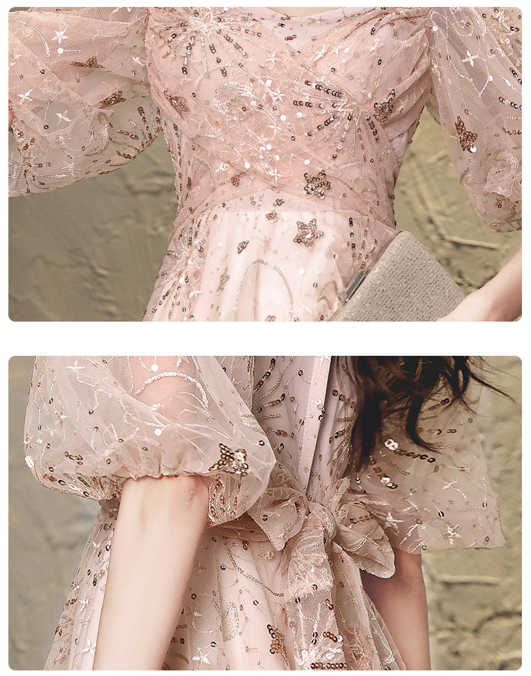 Moon & Star Sequin Puff Sleeve Dress (Pink)