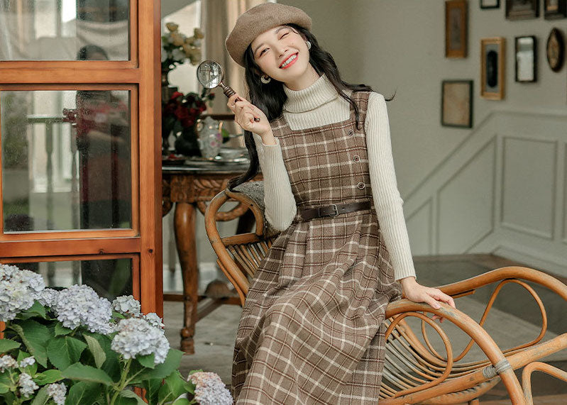 Cocoa Plaid Pinafore Midi Dress (Brown)