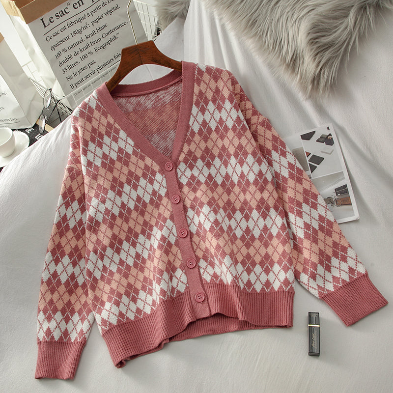 Argyle Plaid Knit Cardigan (3 Colors)